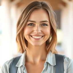 A woman shown from the waist up, featuring European appearance with light brown hair