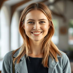 A woman shown from the waist up, featuring European appearance with light brown hair