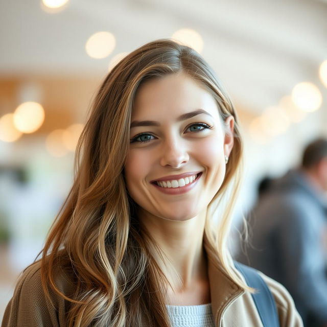 A woman shown from the waist up, featuring European appearance with light brown hair