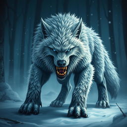 A full-body depiction of a menacing frost wolf, with thick, shaggy fur covered in glistening frost, showcasing its formidable presence