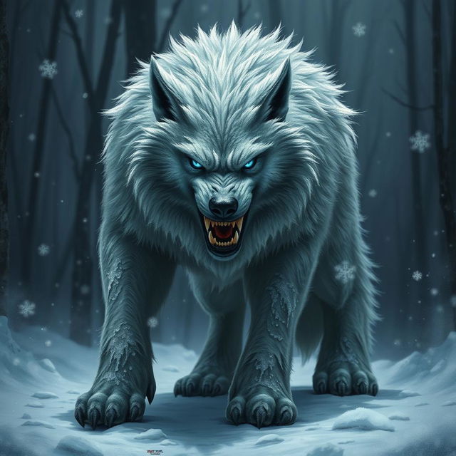 A full-body depiction of a menacing frost wolf, with thick, shaggy fur covered in glistening frost, showcasing its formidable presence