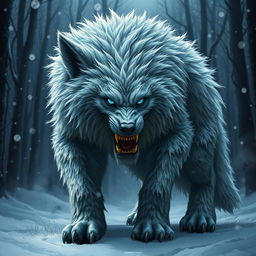 A full-body depiction of a menacing frost wolf, with thick, shaggy fur covered in glistening frost, showcasing its formidable presence