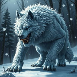 A full-body depiction of a menacing frost wolf, with thick, shaggy fur covered in glistening frost, showcasing its formidable presence