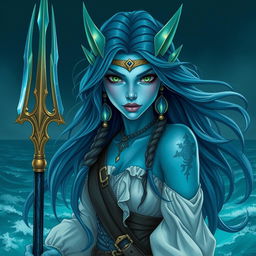 A stunning sea elf pirate with beautiful light blue skin and striking green eyes