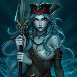 A stunning sea elf pirate with beautiful light blue skin and striking green eyes