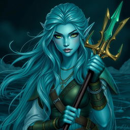 A stunning sea elf pirate with beautiful light blue skin and striking green eyes