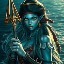 A stunning sea elf pirate with beautiful light blue skin and striking green eyes