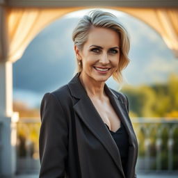 A captivating 40-year-old woman showcasing a striking combination of European features, including Scandinavian, Slavic, and Mediterranean traits