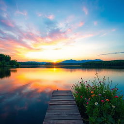 A serene landscape at dusk with a tranquil lake reflecting the sky, surrounded by lush green trees