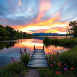 A serene landscape at dusk with a tranquil lake reflecting the sky, surrounded by lush green trees