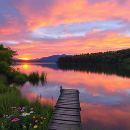 A serene landscape at dusk with a tranquil lake reflecting the sky, surrounded by lush green trees