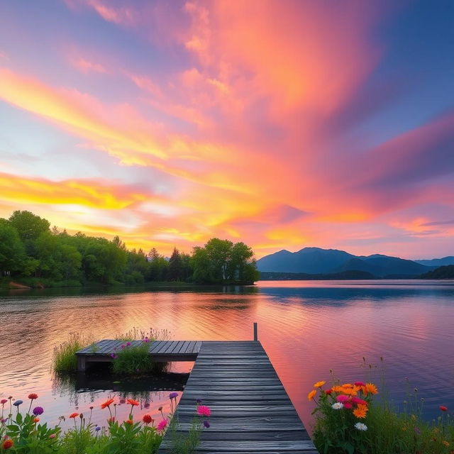 A serene landscape at dusk with a tranquil lake reflecting the sky, surrounded by lush green trees