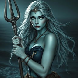 A sexy and beautiful sea elf pirate characterized by her alluring light blue skin and captivating green eyes