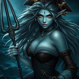 A sexy and beautiful sea elf pirate characterized by her alluring light blue skin and captivating green eyes