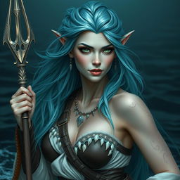 A sexy and beautiful sea elf pirate characterized by her alluring light blue skin and captivating green eyes