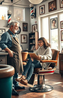 A lively barber salon scene depicting a friendly yet bustling atmosphere where a barber and an author are engaged in animated conversation
