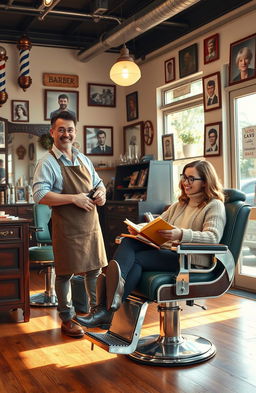 A lively barber salon scene depicting a friendly yet bustling atmosphere where a barber and an author are engaged in animated conversation