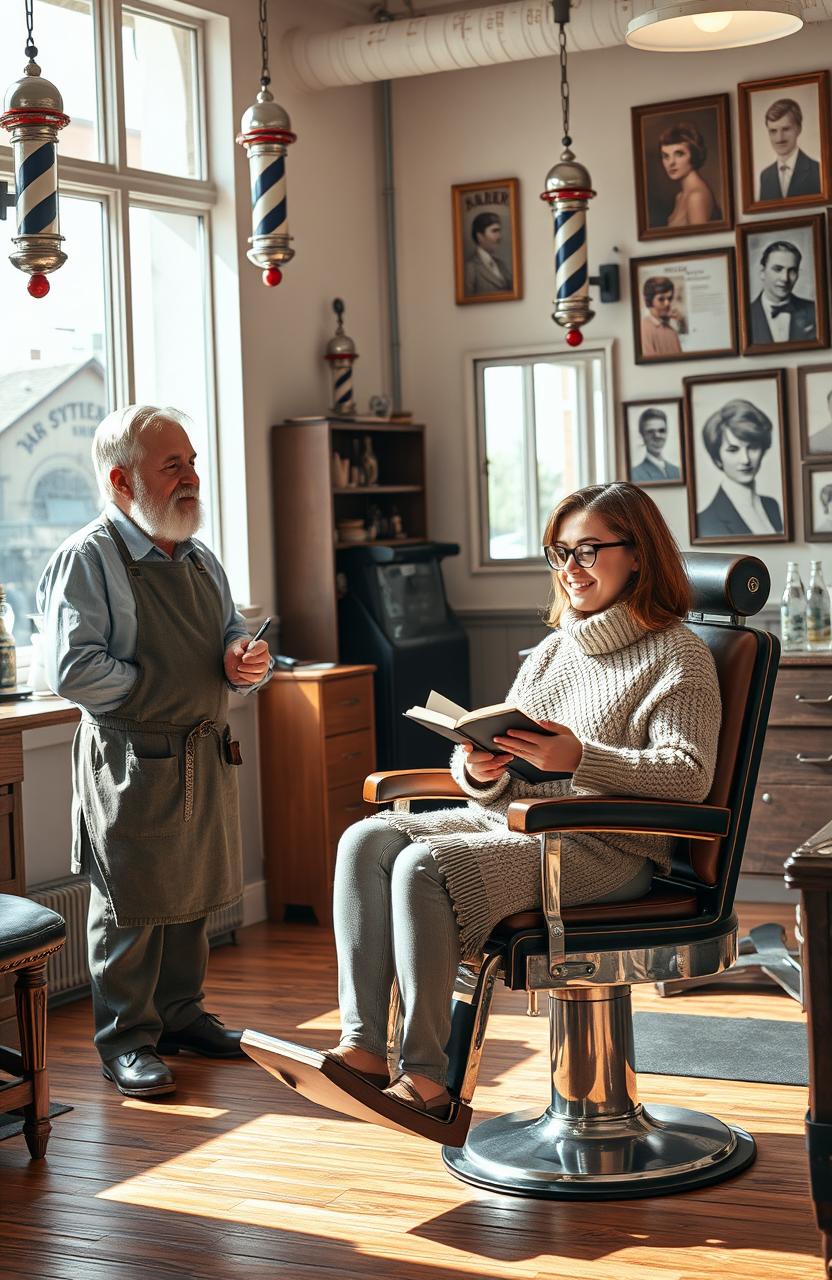 A lively barber salon scene depicting a friendly yet bustling atmosphere where a barber and an author are engaged in animated conversation