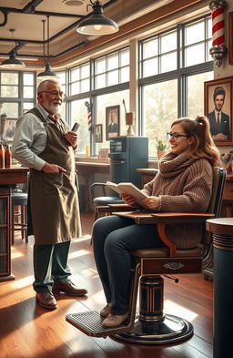 A lively barber salon scene depicting a friendly yet bustling atmosphere where a barber and an author are engaged in animated conversation
