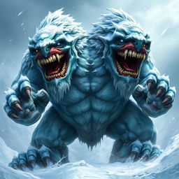 A fearsome two-headed frost giant, towering menacingly over the icy landscape, with each head bearing a grotesque and rage-filled expression