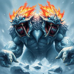 A fearsome two-headed frost giant, towering menacingly over the icy landscape, with each head bearing a grotesque and rage-filled expression