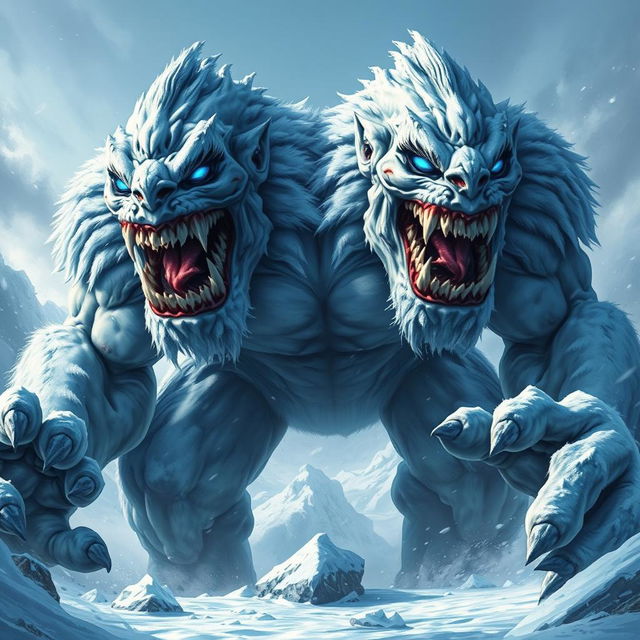 A fearsome two-headed frost giant, towering menacingly over the icy landscape, with each head bearing a grotesque and rage-filled expression