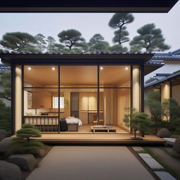 An industrially modern Japandi-style house, designed for a family with 4 children, incorporating elements of harmony, minimalism, and functionality.