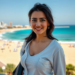 A realistic photo taken with an iPhone 14 Pro of a 34-year-old woman of Ashkenazi descent with dark hair, dressed casually