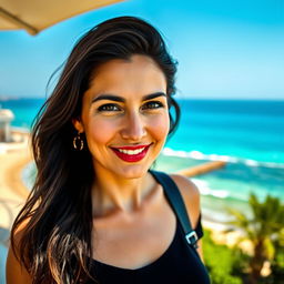 A realistic photo taken with an iPhone 14 Pro of a 34-year-old woman of Ashkenazi descent with dark hair, dressed casually