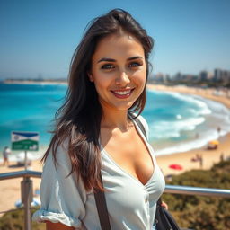 A realistic photo taken with an iPhone 14 Pro of a 34-year-old woman of Ashkenazi descent with dark hair, dressed casually