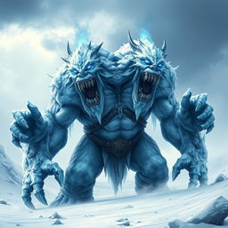 A terrifying two-headed humanoid frost giant, standing menacingly in a blizzard