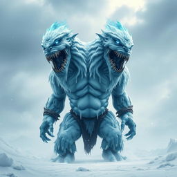 A terrifying two-headed humanoid frost giant, standing menacingly in a blizzard