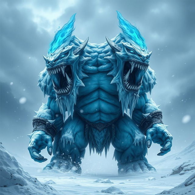 A terrifying two-headed humanoid frost giant, standing menacingly in a blizzard