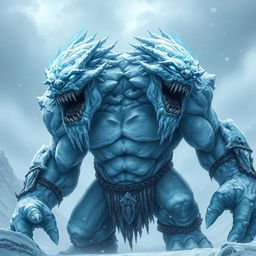A terrifying two-headed humanoid frost giant, standing menacingly in a blizzard