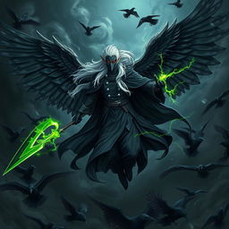 An edgy Shadar-Kai, a mysterious white elf, floating majestically in the air with four majestic wings made of swirling black mist and smoke