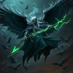 An edgy Shadar-Kai, a mysterious white elf, floating majestically in the air with four majestic wings made of swirling black mist and smoke