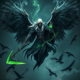 An edgy Shadar-Kai, a mysterious white elf, floating majestically in the air with four majestic wings made of swirling black mist and smoke
