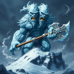 A fearsome frost giant with two humanlike heads, both twisted in expressions of rage