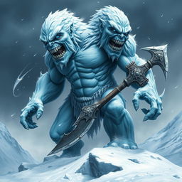 A fearsome frost giant with two humanlike heads, both twisted in expressions of rage