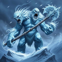 A fearsome frost giant with two humanlike heads, both twisted in expressions of rage