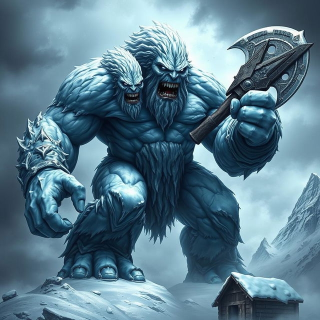 A fearsome frost giant with two humanlike heads, both twisted in expressions of rage