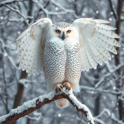 A majestic giant snow owl perched on a snowy branch, its enormous wings partially spread, showcasing the exquisite detail of its feathers