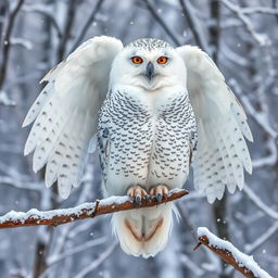A majestic giant snow owl perched on a snowy branch, its enormous wings partially spread, showcasing the exquisite detail of its feathers