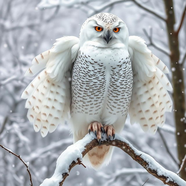 A majestic giant snow owl perched on a snowy branch, its enormous wings partially spread, showcasing the exquisite detail of its feathers