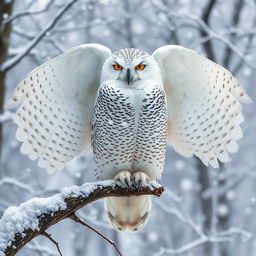 A majestic giant snow owl perched on a snowy branch, its enormous wings partially spread, showcasing the exquisite detail of its feathers
