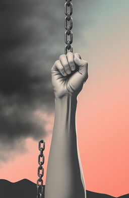 A woman’s hand breaking free from heavy chains, symbolizing liberation from a painful past