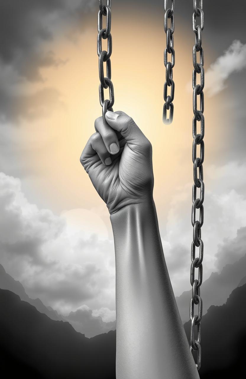 A woman’s hand breaking free from heavy chains, symbolizing liberation from a painful past