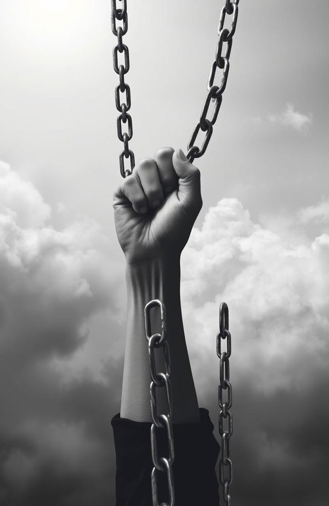 A woman’s hand breaking free from heavy chains, symbolizing liberation from a painful past