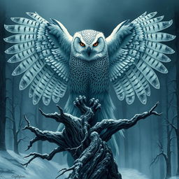 A colossal snow owl with a sinister and malevolent presence, its dark, piercing eyes glowing with an ominous light