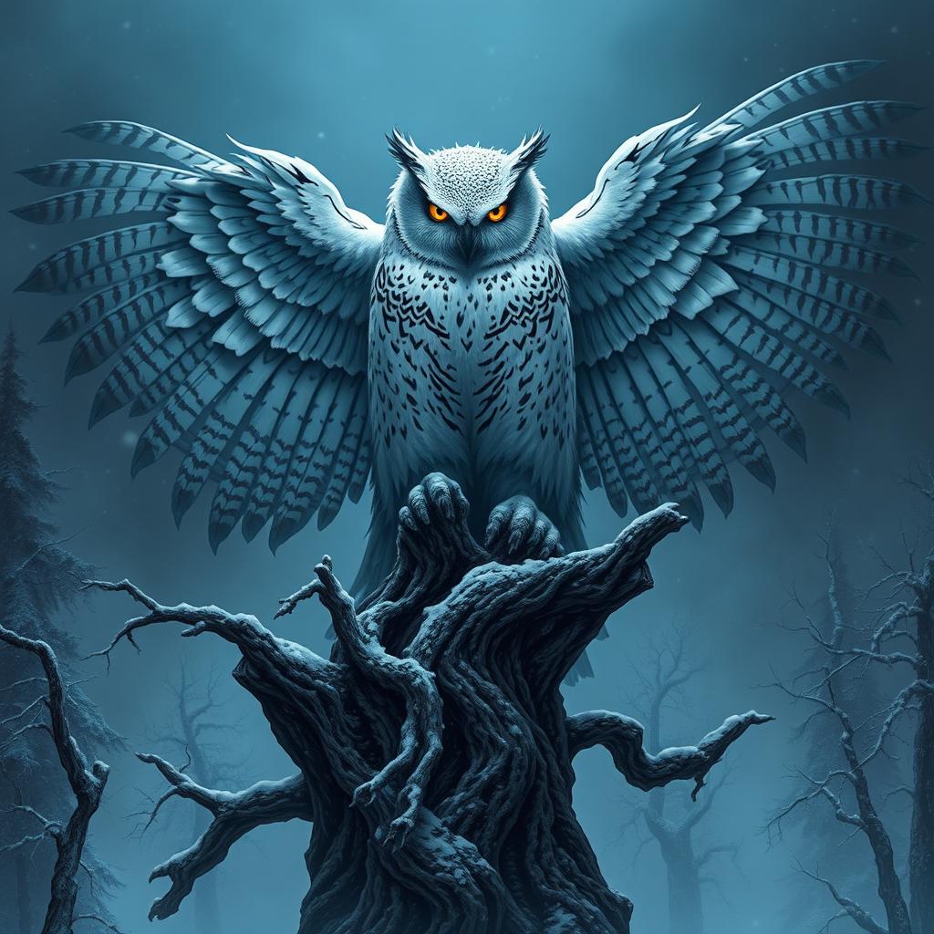 A colossal snow owl with a sinister and malevolent presence, its dark, piercing eyes glowing with an ominous light